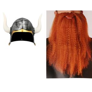 Vikingen verkleed set - 2 delig - heren - helm met hoorns - nep baard rood