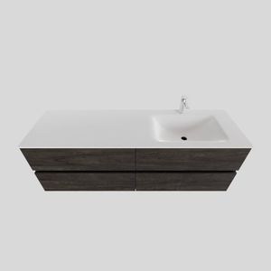 Badkamermeubel Solid Surface BWS Stockholm 200x46 cm Wood Dark Brown Wasbak Rechts (1 kraangat, 4 lades)