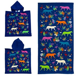 Set van bad cape/poncho met strand/badlaken voor kinderen jungle print microvezel