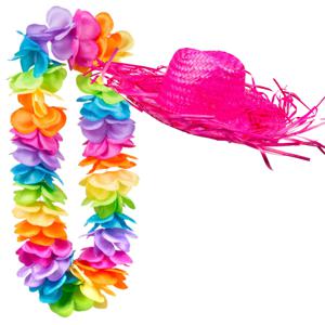 Carnaval verkleedset - Tropical Hawaii party - strohoed - en volle bloemenslinger multi colours