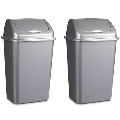 Plasticforte Afvalemmer - 2x stuks - 15 liter - zilver - met klep deksel - 28 x 22 x 47 cm - kunstst