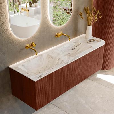 Badmeubel Mondiaz Kurve-Dlux | 145 cm cm | Meubelkleur Ruby | Wastafelkleur Glace | Solid surface | Dubbel / Links spoelbak | Zonder kraangat(en)