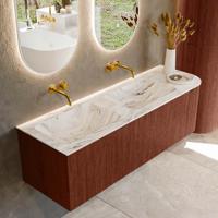 Badmeubel Mondiaz Kurve-Dlux | 145 cm cm | Meubelkleur Ruby | Wastafelkleur Glace | Solid surface | Dubbel / Links spoelbak | Zonder kraangat(en)