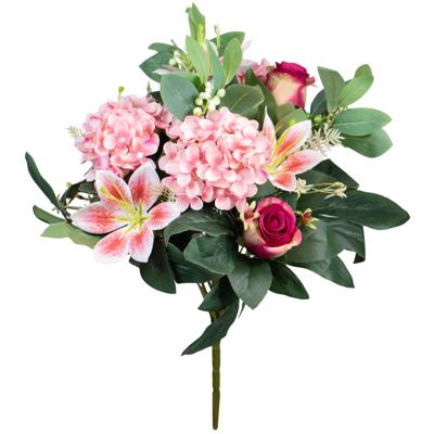 Louis Maes Kunstbloemen boeket roos/hortensia/lelie - roze/cerise - H39 cm - Bloemstuk