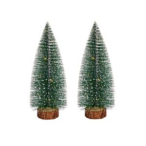 2x stuks kleine/mini decoratie kerstboompjes van 35 cm met witte LED lichtjes