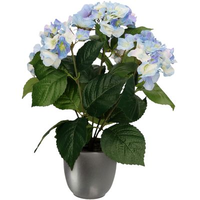 Hortensia kunstplant/kunstbloemen 40 cm - blauw - in pot metallic grijs