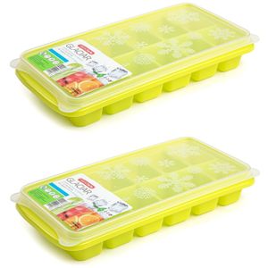 2x stuks Trays met ijsblokjes/ijsklontjes vormpjes 12 vakjes kunststof groen met deksel