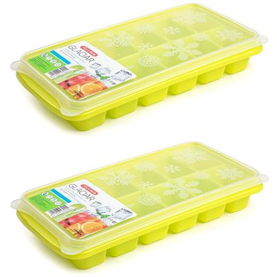 2x stuks Trays met ijsblokjes/ijsklontjes vormpjes 12 vakjes kunststof groen met deksel