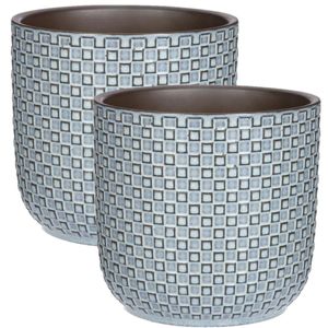 2x Stuks Plantenpotten/bloempotten keramiek blauw stijlvol patroon - D17 en H16 cm