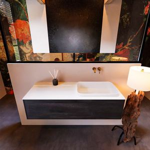 Badkamermeubelset Mondiaz Erin 120 cm met 1 Lade met RIDGE Wastafel Rechts Talc Zonder Kraangaten Greeploos Mat Dark Brown