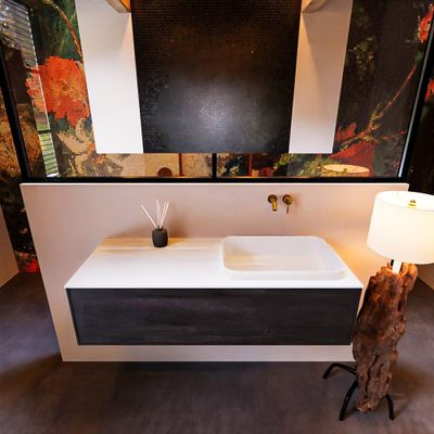 Badkamermeubelset Mondiaz Erin 120 cm met 1 Lade met RIDGE Wastafel Rechts Talc Zonder Kraangaten Greeploos Mat Dark Brown