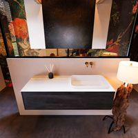 Badkamermeubelset Mondiaz Erin 120 cm met 1 Lade met RIDGE Wastafel Rechts Talc Zonder Kraangaten Greeploos Mat Dark Brown