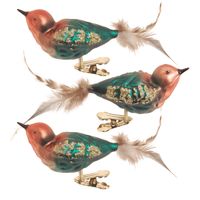3x stuks luxe glazen decoratie vogels op clip groen/bruin 11 cm - Kersthangers - thumbnail