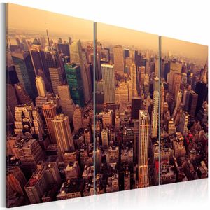 Schilderij - New York City - Zonsondergang in The Big Apple, Oranje, 3luik, wanddecoratie