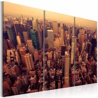 Schilderij - New York City - Zonsondergang in The Big Apple, Oranje, 3luik, wanddecoratie