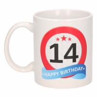 14 jaar Verjaardag koffiemok - cadeau beker - stopbord print - 300 ml - keramiek - wit