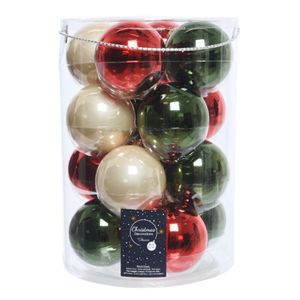 18x stuks glazen kerstballen donkergroen, rood en champagne glans 8 cm