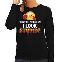Funny emoticon sweater What do you mean look stupid zwart dames - thumbnail