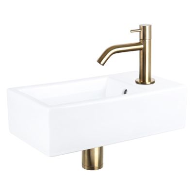 Differnz Force fonteinset - 40x22x11.5cm - Rechthoek - 1 kraangat - Gebogen matte goude kraan - Keramiek Wit 38.400.58