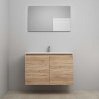 On-Line Badkamermeubelset - 100 cm - Bouwpakket - Greeploos 2 Deuren - Acryl Wastafel - 1 Kraangat - Spiegel - Eiken