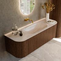 Badmeubel Mondiaz Kurve-Dlux | 140 cm | Meubelkleur Walnut | Wastafelkleur Meli | Solid surface | Wasbak midden spoelbak | Zonder kraangat(en)