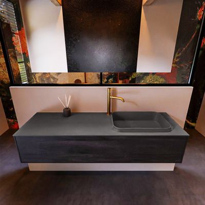 Badkamermeubelset Mondiaz Erin 150 cm met 1 Lade met RIDGE Wastafel Rechts Dark grey met 1 kraangat Greeploos Mat Dark Brown