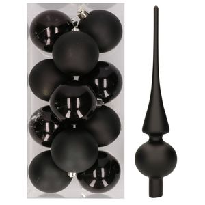 12x Zwarte kunststof kerstballen met glazen piek mat   -
