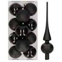 12x Zwarte kunststof kerstballen met glazen piek mat   - - thumbnail