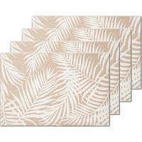 Zeller placemats palm bladeren print - 6x - linnen - 45 x 30 cm - beige/wit