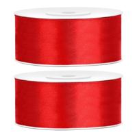 Partydeco Cadeaulint - 2x - rood - 2,5 cm x 25 meter - satijn - sierlint - inpakken - decoratie