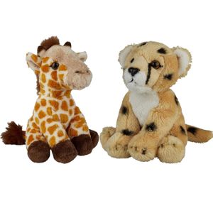 Safari dieren serie pluche knuffels 2x stuks - Cheetah en Giraffe van 15 cm