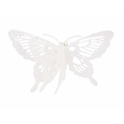 Decoratie vlinder - op clip - wit - - 15 x 11 cm - glitters - kerstvlinder - kerstversiering