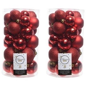 60x Kunststof kerstballen glanzend/mat/glitter rode kerstboom versiering/decoratie - Kerstbal