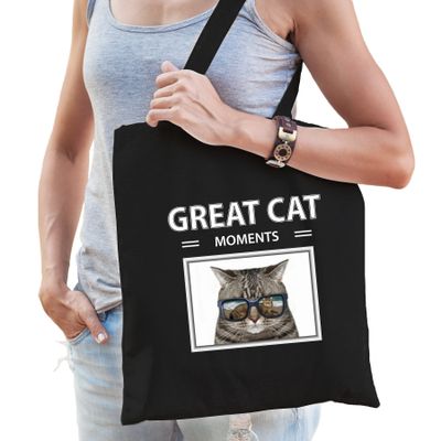 Katoenen tasje Katten zwart - great cat moments Katten cadeau tas