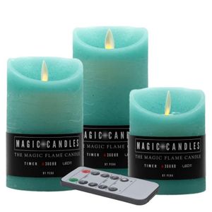 Kaarsen set van 3x stuks Led stompkaarsen turquoise blauw met afstandsbediening