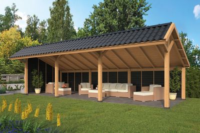 Lariks/Douglas Kapschuur Bergen XL type 6 zwart 989x452 cm- Kapschuurdak- Onbehandeld lariks Douglas hout- Tuindeco
