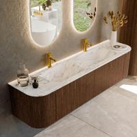 Badmeubel Mondiaz Kurve-Dlux | 180 cm | Meubelkleur Walnut | Wastafelkleur Glace | Solid surface | Dubbele spoelbak | 2 kraangaten
