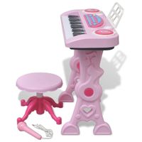 Speelgoedkeyboard met krukje/microfoon en 37 toetsen roze - thumbnail