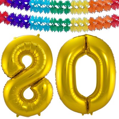 Grote folie ballonnen cijfer 80 in het goud 86 cm en 2x feestslingers Grote folie ballonnen cijfer 80 in het goud 86 cm en 2x feestslingers