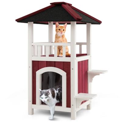 Houten Kattenhuis met 2 Verdiepingen Asfaltdak Balkon Regengordijn Springplatforms Verwijderbare Vloer Weerbestendig
