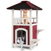 Houten Kattenhuis met 2 Verdiepingen Asfaltdak Balkon Regengordijn Springplatforms Verwijderbare Vloer Weerbestendig