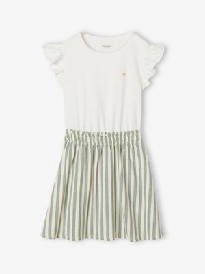 Meisjesjurk met 2-in-1 effect groen, gestreept