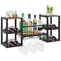 Wandgemonteerde Wijnrek met Glazenhouder Zware Metalen Frame 8-flessenhouder met Open Plank Rustiek Bruin