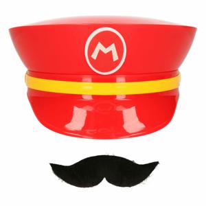 Game verkleed set pet en snor - loodgieter Mario - rood - unisex - carnaval/themafeest outfit