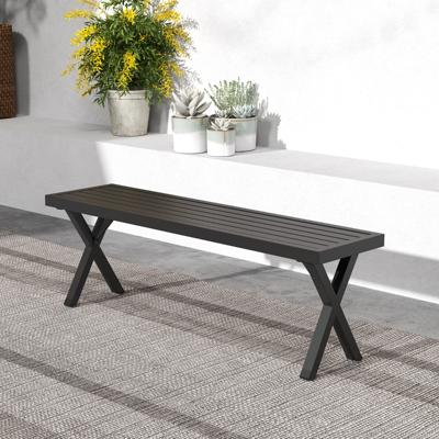 Metalen Terrasbank Robuuste Tweezitsbank met Lattenbodem en X-Poten 138 cm Rugleuningloze Buitenbank voor Tuin Terras Veranda