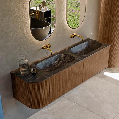Mondiaz KURVE-DLUX 165 cm Onderkast Greeploos 2 Lades Met Deuren Walnut, Wastafel Solid Surface Rechts Lava 0 Kraangaten Zonder Spiegel (KRVSTS165L2L1D0KD-Wal/Lav)