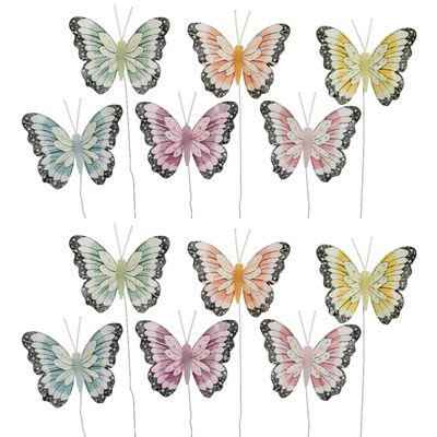 12x stuks decoratie vlinders op draad gekleurd - 8 cm