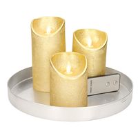 Ronde kaarsenplateau zilver van kunststof D27 cm met 3 gouden LED-kaarsen 10/12,5/15 cm - thumbnail