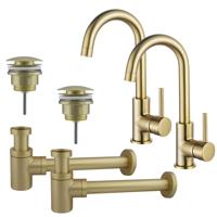 Fortifura Calvi Wastafelkraanset - voor dubbele wastafel - hoge wastafelkraan - draaibare uitloop - klikwaste plug - verlaagde design sifon - Geborsteld Messing PVD (Goud) 2x SW809349/2x SW696202/2x SW696218