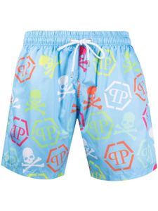 Philipp Plein short de bain à logo imprimé - Bleu